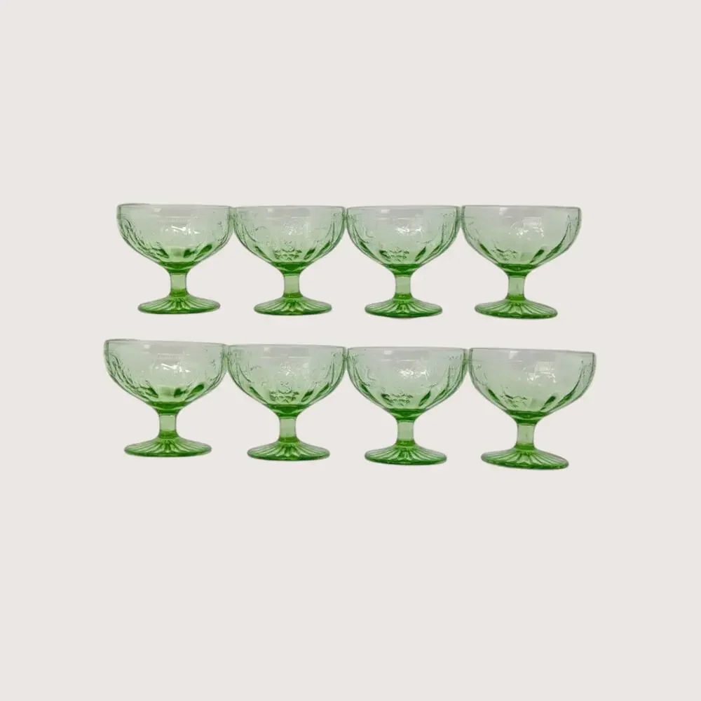 1930 Hocking Glass Cameo Green Depression Glass Sherbet Glasses Set of 8
